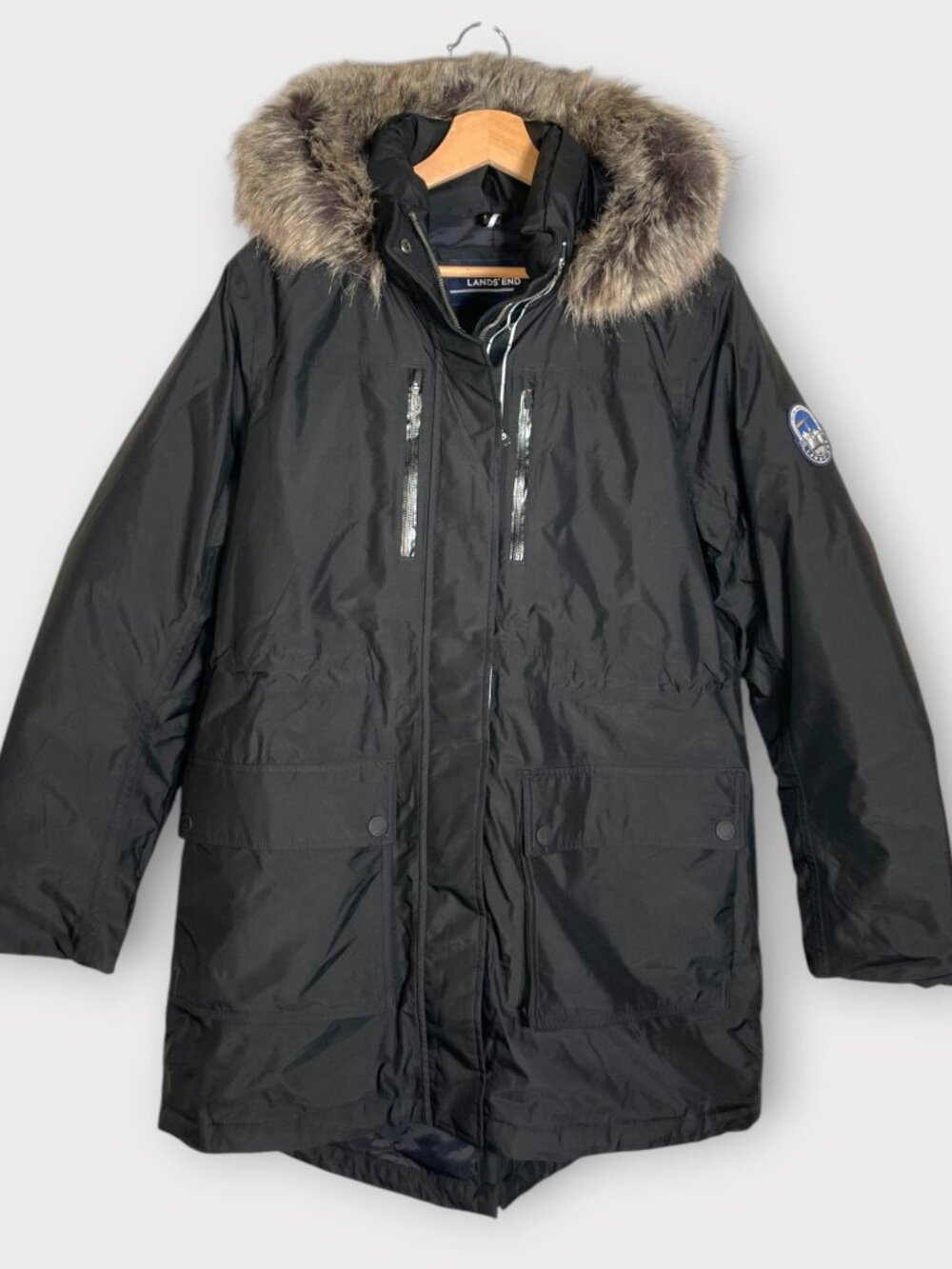 Lands' End Expedition Down Winter Parka Jacket Womens M 10-12 Faux Fur Black